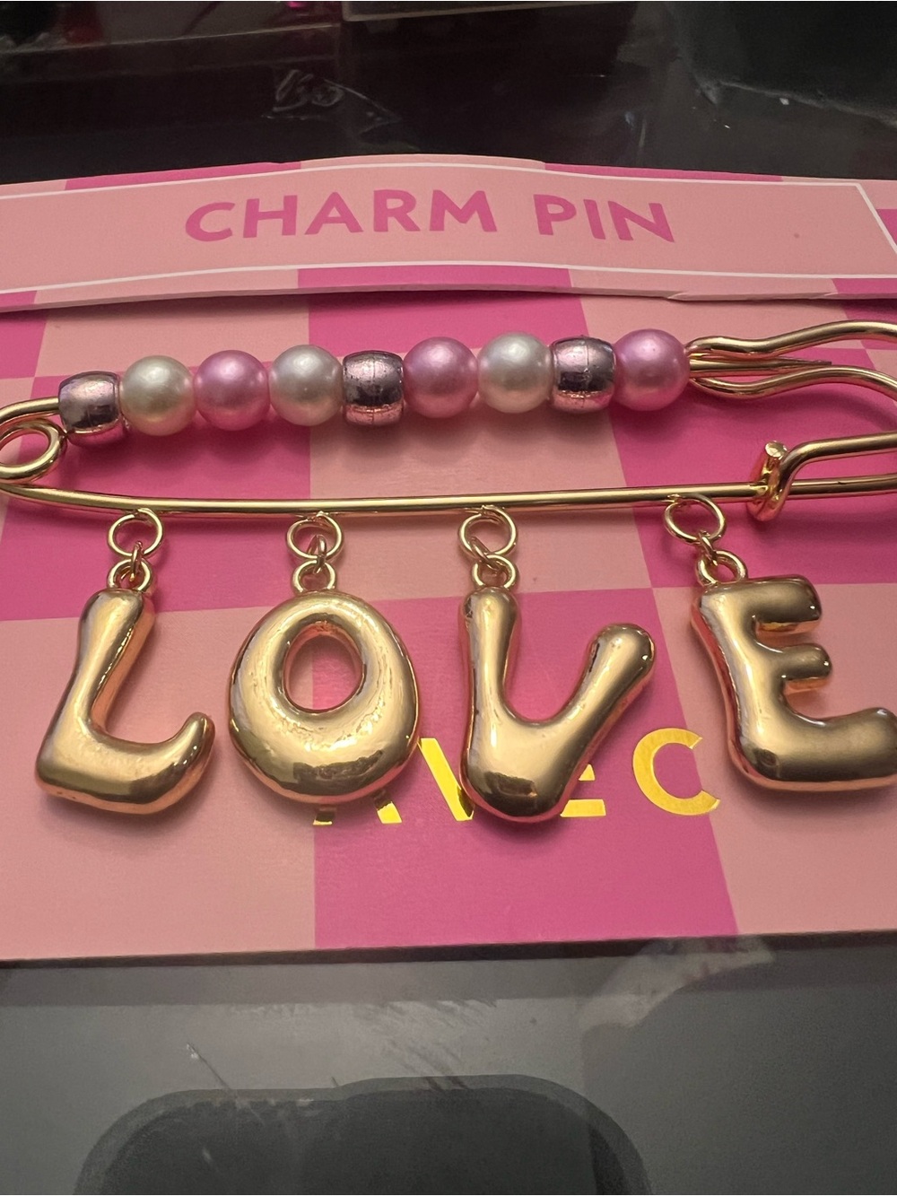 Gold 'LOVE' Charm Safety Pin bag charm with Pink & Pearl Beads